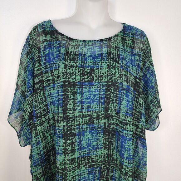 CABI Women's Top Medium Green Painted Plaid Paradox Layered Blouse Style 3770 - Picture 3 of 13